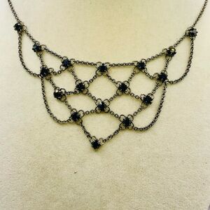 1928 Black Rhinestone Beaded Choker Bib Gunmetal Multi-Layer Necklace. 16 inches
